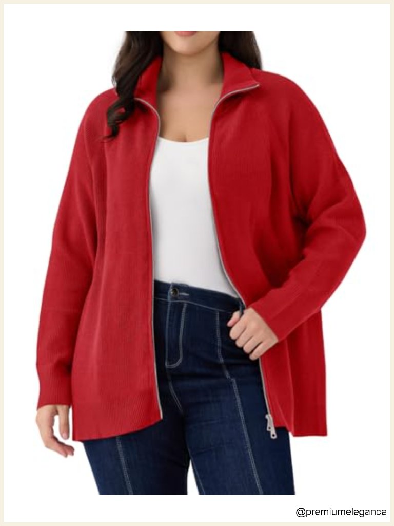 Plus Size Zip Up Cardigan Long Sleeve Knit Sweater Oversized Collared Casual